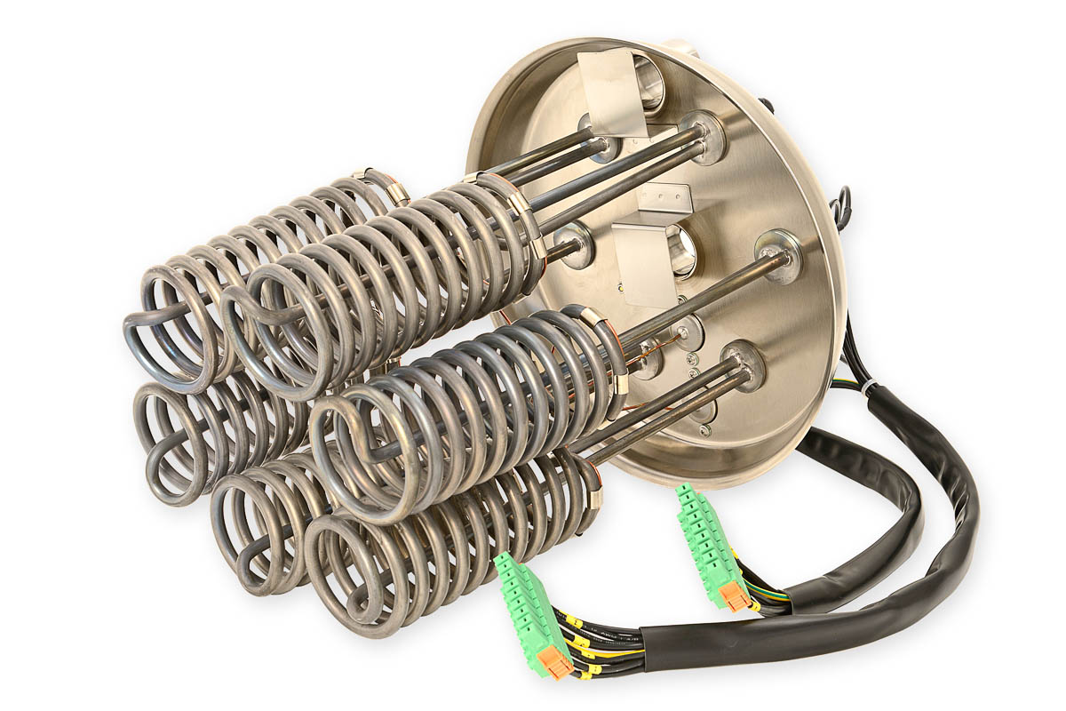 Seks elementer befuktere med damp, festet til lokk med elektriske tilkoblinger, på hvit bakgrunn